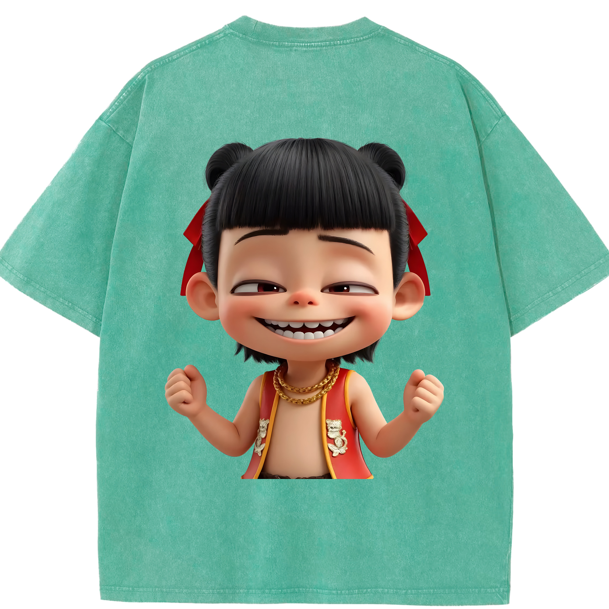 （画像用） Ne Zha 2 ナタ 魔童の大暴れ 綿100% ヴィンテージ風 半袖Tシャツ（背面プリント）